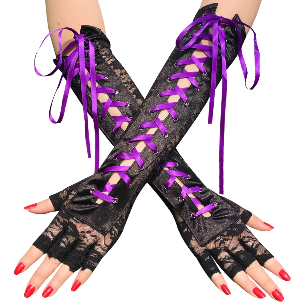 Guantes sexis de encaje Floral hasta el codo para mujer, guantes de medio dedo, cinta de hilo negro, atados para fiesta de baile, mitones de malla sin dedos