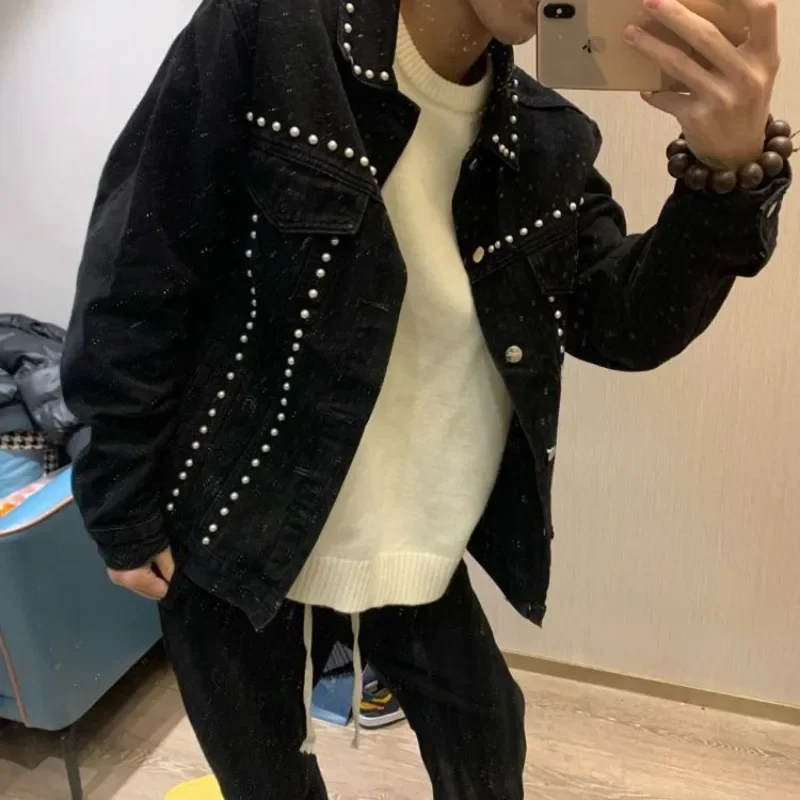 Jeans Coat for Men Punk Black Rivet Denim Jackets Man High Quality Korean Popular Clothes Loose Cheap Price Stylish Designer Low