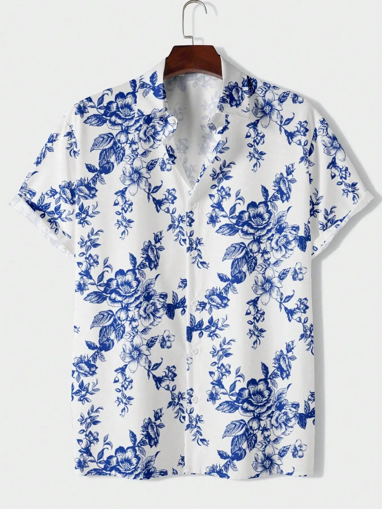 

Men's White Blue Floral Print Short Sleeve Button Front Shirt