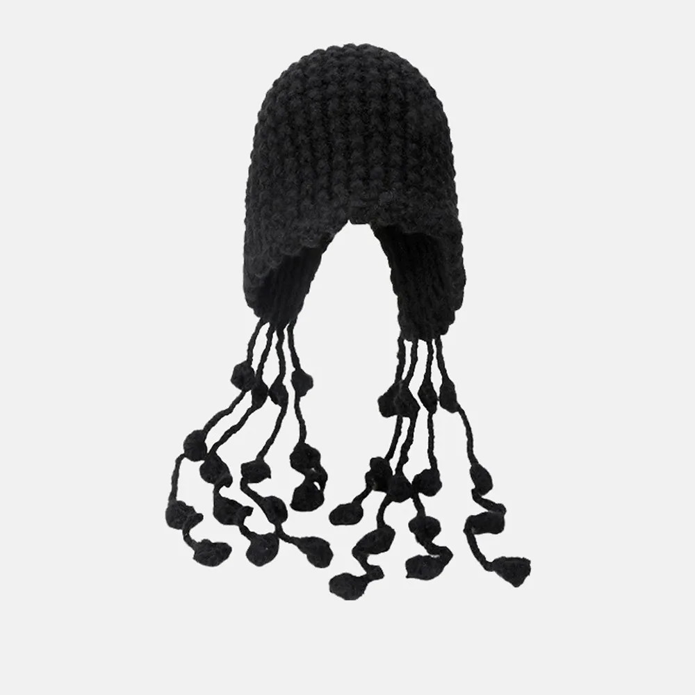

Retro Tassels Crochet Knitted Hat Bohemian Style Hollow Out Knit Cap Korean Handmade Ethnic Style Hat Outdoor