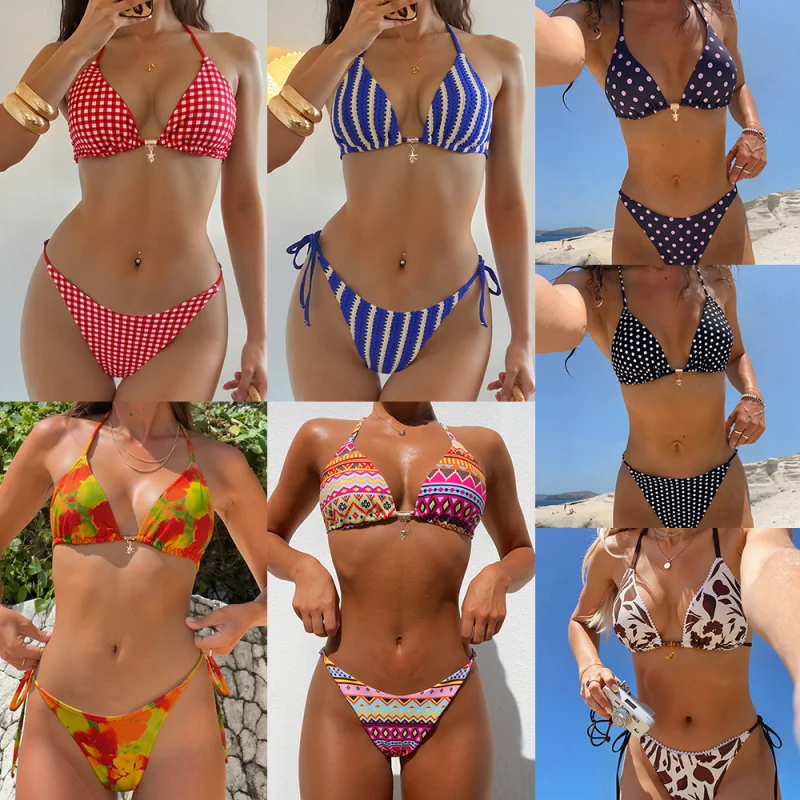 

2026New Swimsuit ModelbikiniSmall Pendant Print Tie Three-Point Sexy Two-Piece Bikini