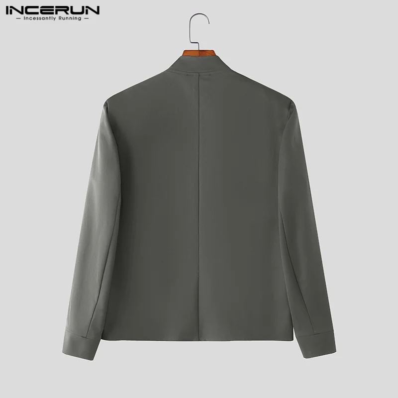 INCERUN Blazer Pria Warna Solid Kerah Tegak Lengan Panjang Vintage Jas Pria Streetwear Longgar 2025 Retro Kasual Mantel Tipis S-5XL