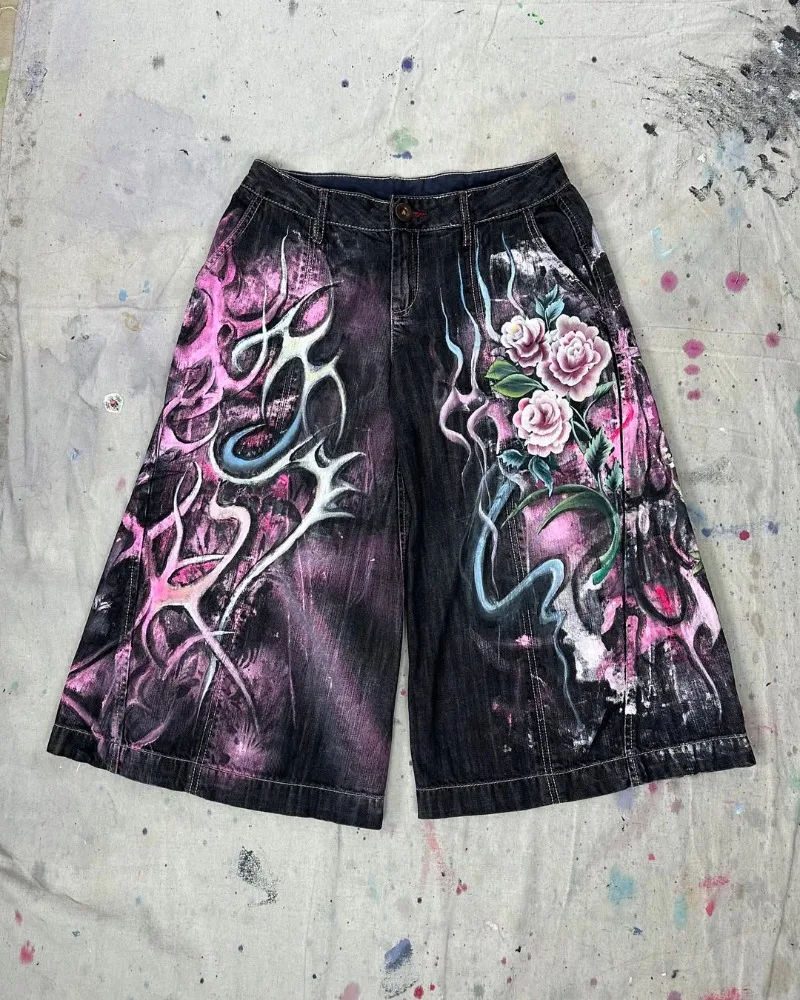 

Y2k Harajuku Retro Fashion Printed Jeans Trendy Brand Hip-hop Wide-leg Pants Men American Casual Loose Oversized Shorts Women