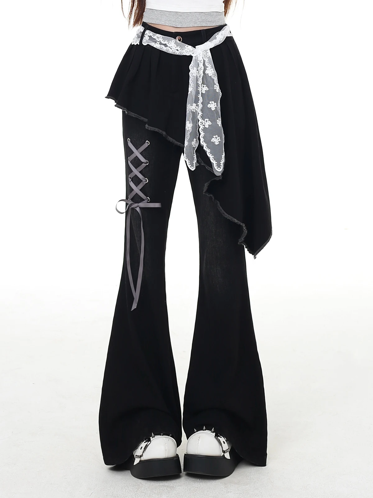 

Vintage Chic Lace-up Fake Two Pieces Slim Y2k Flared Jeans Black Gothic Denim Pants Streetwear Retro Versatile Trousers