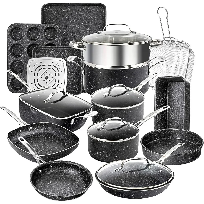 Granitestone True 20 Pc Pots and Pans Set Non Stick Cookware Set with Deep Square Pan and Bakeware Set