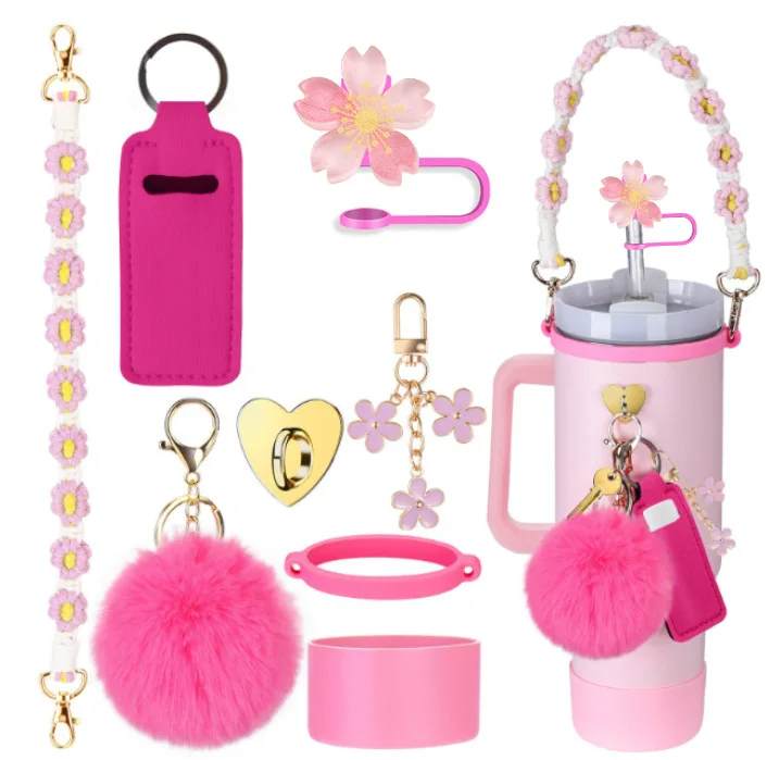 European American 8Pcs for for Stanley Cup Floral Straw Topper Cup Sleeve Cup Chain Pink Flower Key Pendant Pom Pom Ball