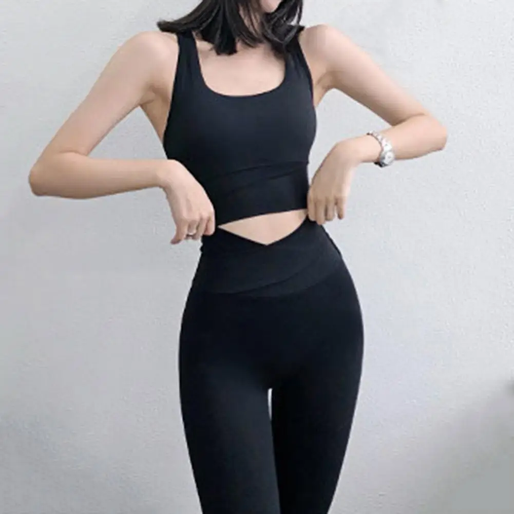 2 Pcs/Set Lady Tracksuit Contrast Color Slim Fit Tight Long Pants Square Neck High Elasticity Skinny Butt-lifted Tummy Control Y