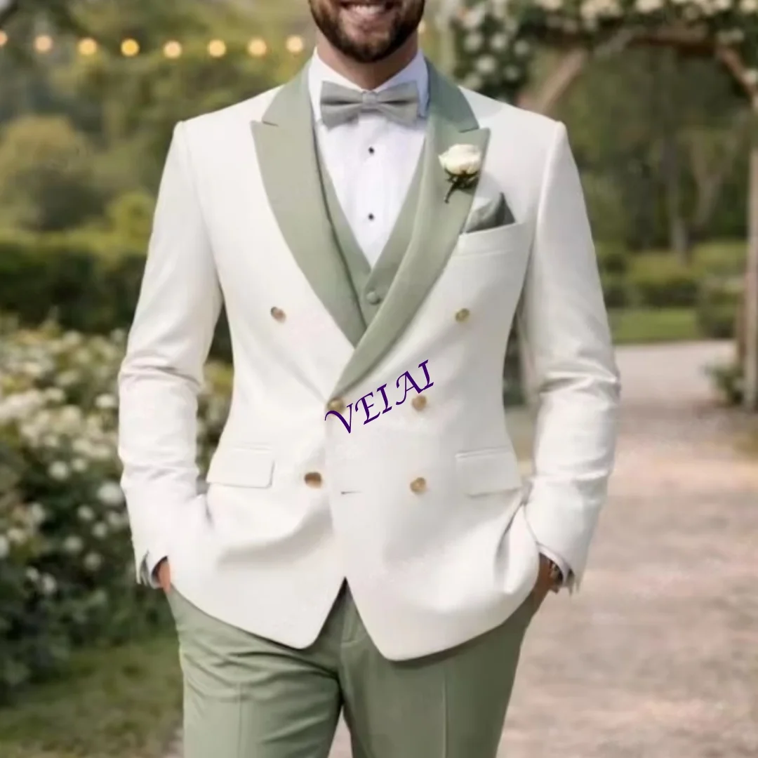 

CustomizedGreen And White Formal Men Suit Male Party Prom Business Tuxedos Groom Groomsman Wedding 3 Piece Set Blazer Vest Pants