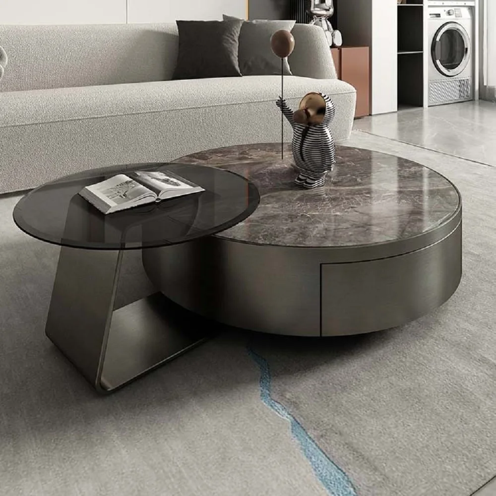 Rocky round coffee table living room household light extravagance modern simple high and low tea table glass Italian minimalism