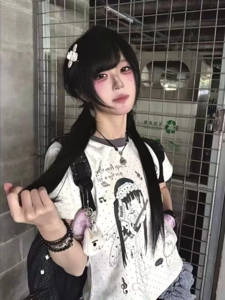 Polka Dot Anime Music Note Print Ringer T Shirt Women Short Sleeve Slim Y2K Kawaii Grunge Streetwear Top