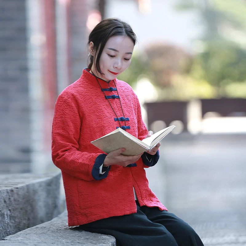 

Red Ethnic Sle Jaet Autumn Retro New Chinese Sle Open Cardigan Small Size Tang Costume Color Blo Top Women's Cotton C...