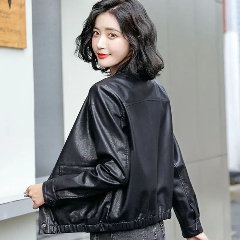 Vintage Black Faux Leather Jacket Women O-neck Short PU Jackets Female Elegant Cropped Outwear Fashion Jaqueta Feminina Q361