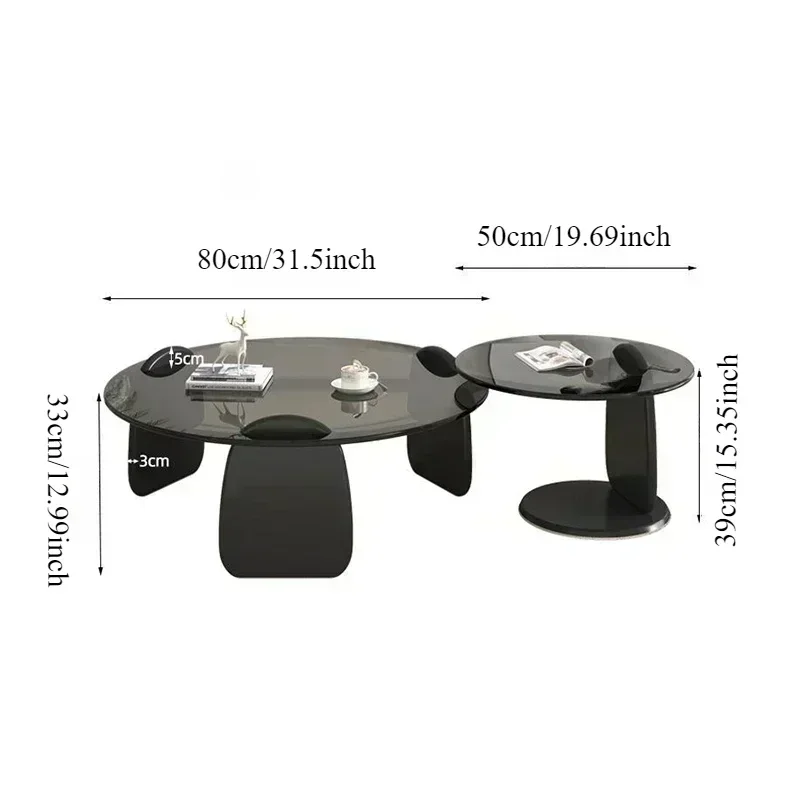 Black Glass Round Table Creative, Living Room Dining Table Easy Clean, Multi Size Coffee Set, Side Office Cafe Home