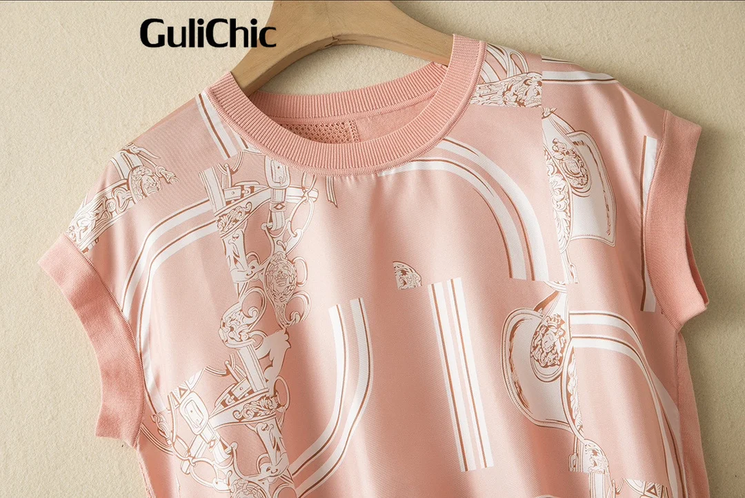 4.26 GuliChic Geometric Pattern Print Tees Women Crew Neck Raglan Short Sleeve 100% Silk Spliced Knit Hollow Out Design T-Shirt