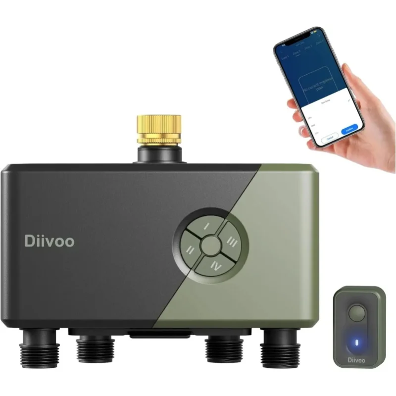 Diivoo Garten-WLAN-Bewässerungstimer 4 Zonen Automatischer Bewässerungstimer Bewässerungssystem-Controller mit Regenverzögerung Manuelle Bewässerung