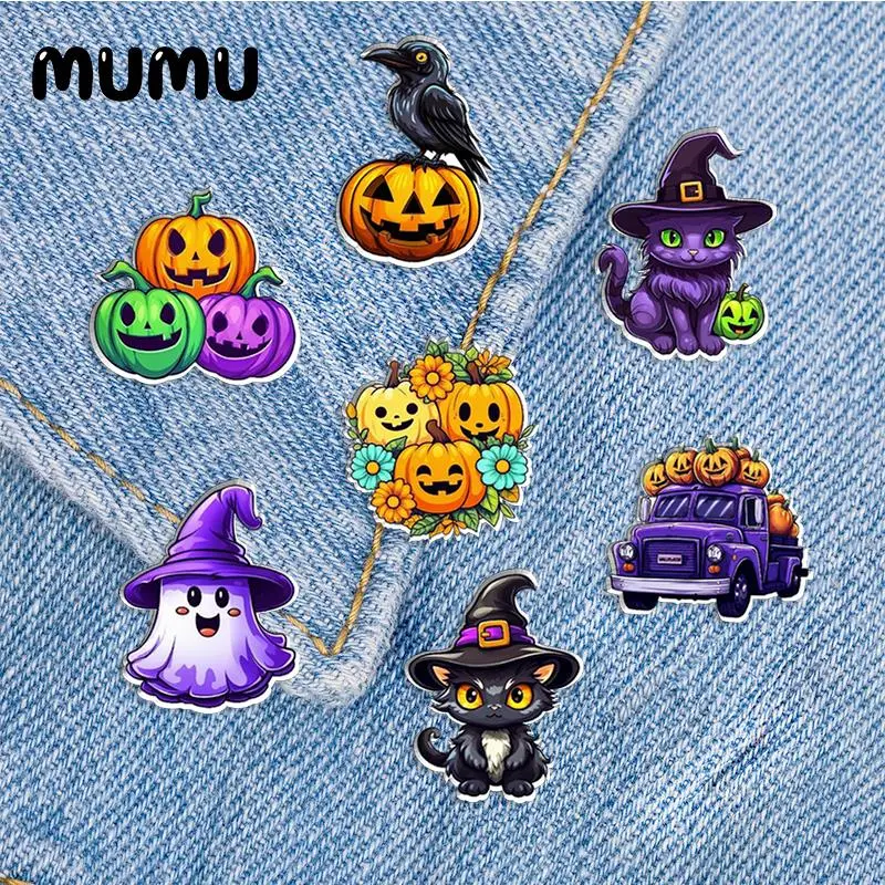 2023 New Halloween Cat Lapel Pin Raven Pumpkin Acrylic Brooches Handmade Epoxy Jewelry Shirt Bag Badge