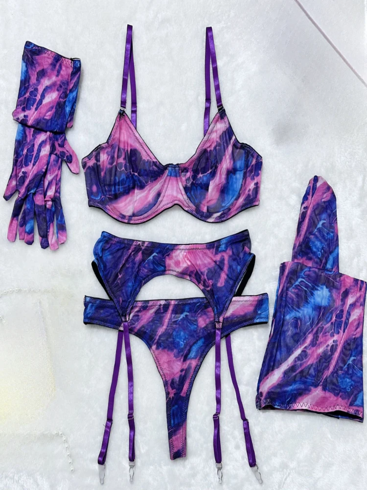 Five-piece bikini lingerie set with gloves, stockings, tie-dye colorful design, sexy swimsuit set