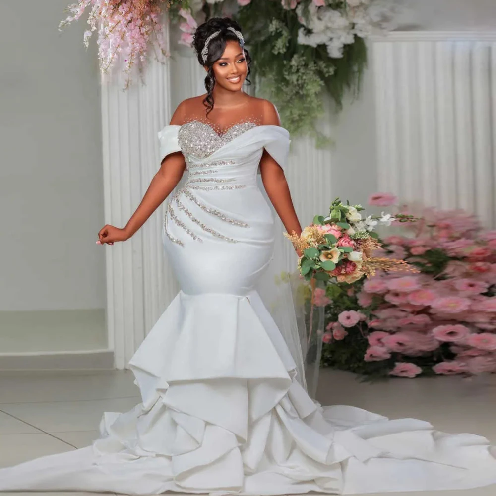 2025 Off the Shoulder Beaded Sequin Bridal Gown Customized Mermaid Wedding Dresses Ruffles Bottom Satin vestidos de novia