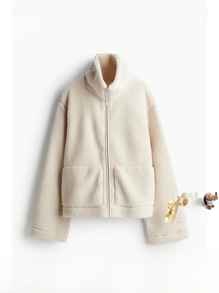 

H&M Women's Teddy Fce Long Sve Loose Fit Zipper Collar ort Jaet Autumn Faion Ladies' Premium Clothing