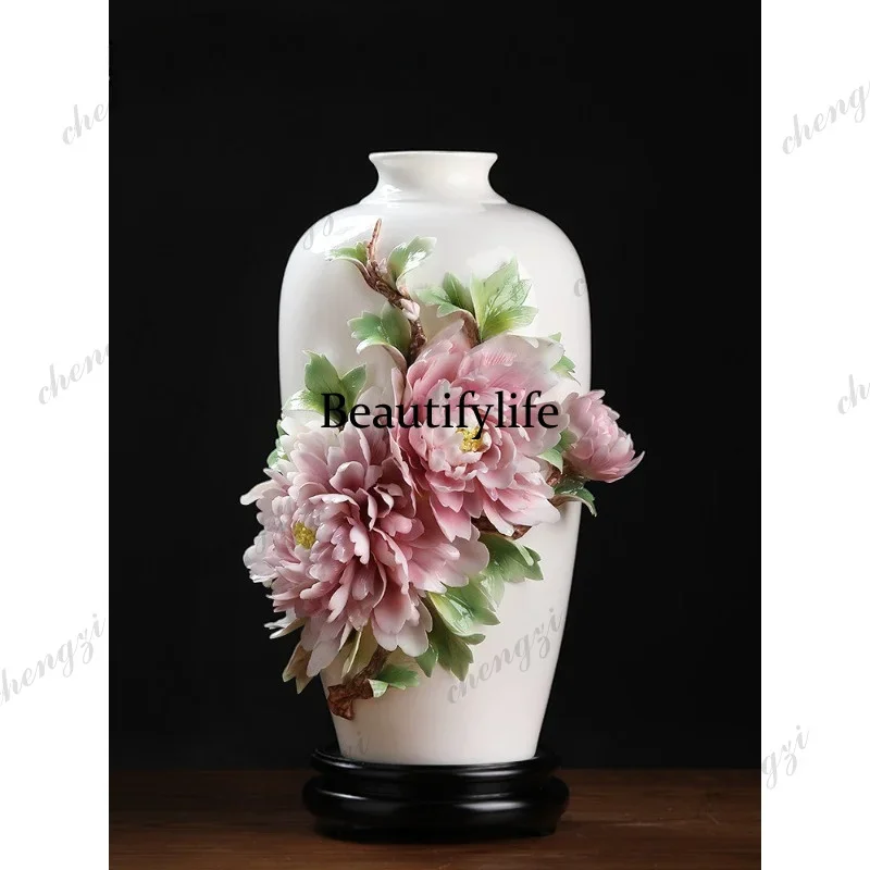 H132 New Chinese Handmade Peony Vase Living Room Entrance Study Hotel Company Club Decoration Ornament