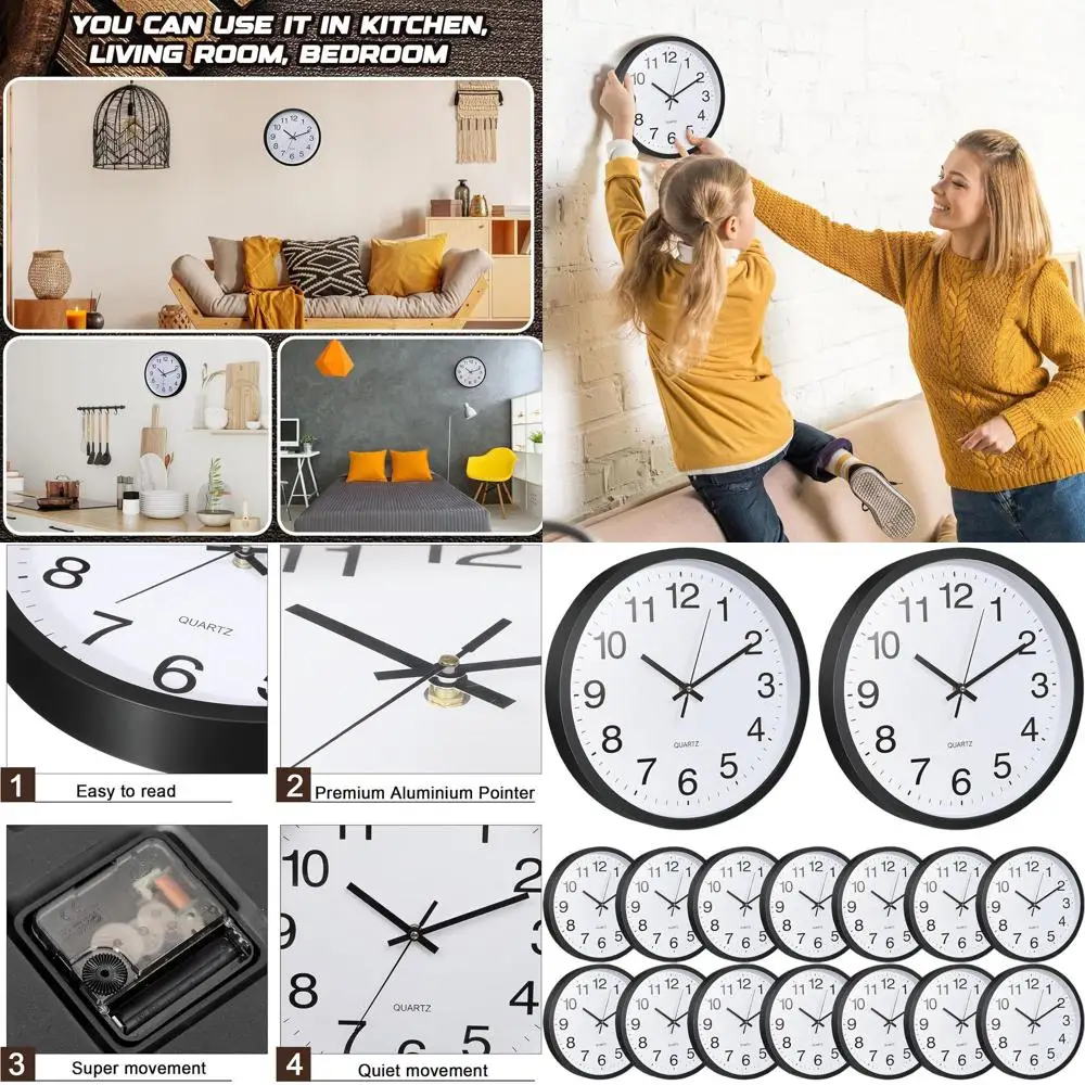 

10 Modern Silent Wall Clocks, Easy Read, Battery-Powered, Ideal for Home, Office, and More (Black)