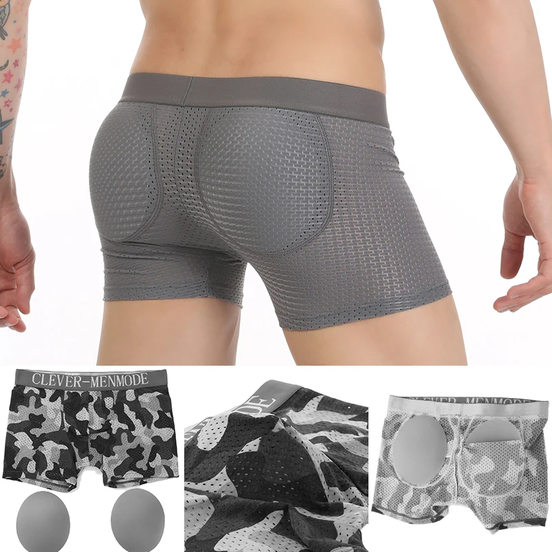 

CLEVER-MENMODE Men's Sexy Boxer with Removable Push Up Pad of Butt Back Enhancing Lifter Breathable Air Hole Panties Underwear