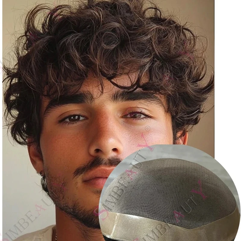 

Мужской парик-накладка 25 мм, натуральные человеческие волосы, кудрявые, черно-коричневые, для маскировки облысения, прочный, дышащий, тонкий моно-лайнер, 28 мм, кудрявые волосы