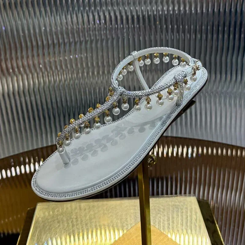 الصنادل سلسلة حبة حجر الراين ديكور الكاحل حزام Sandalias الصيف المرأة قرصة تو الجلد الحقيقي شقة القاع عطلة الأحذية