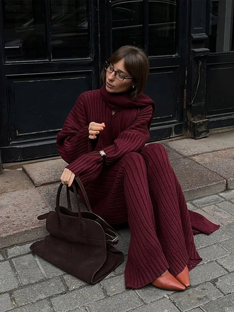 Elegant Knit Red Set With Scarf Women Christmas Long Sleeve V Neck Loose Sweater Sets 2025 Chic Elastic Wide Leg Pants Suit