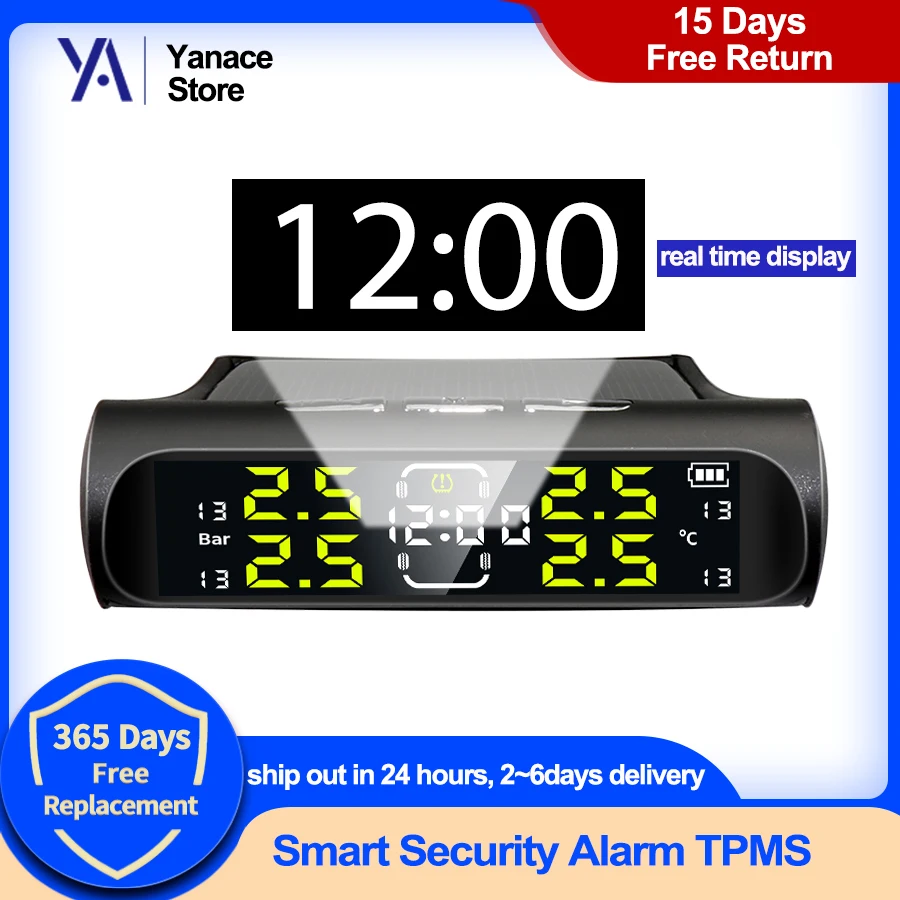 Wireless Solar Charging TPMS Real-time Monitoring with Electronic Clock Display 4 Sensors Tire Pressure Monitoring System