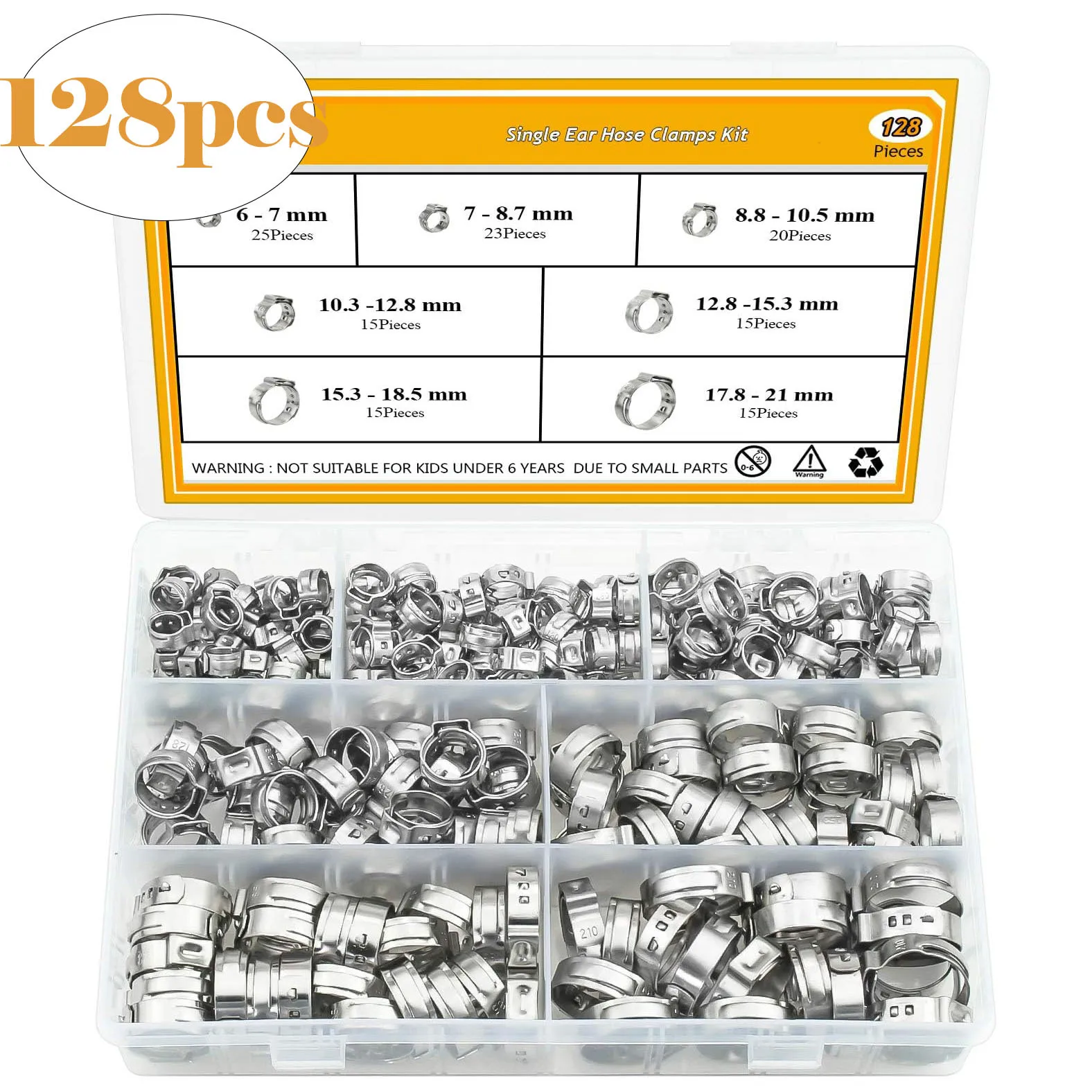 

128pcs single ear infinite clamp set hose clamp 304 stainless steel single ear pipe PEX pipe clamp