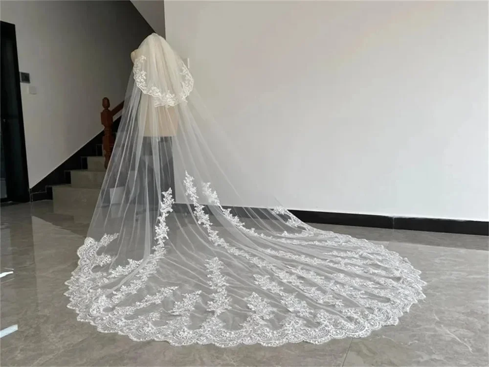 

2 Layers Wedding Veils Face Cover Lace Applied Veil With Comb For Bride Cathedral Wedding Accessories White Ivory 3M 4M 5M
