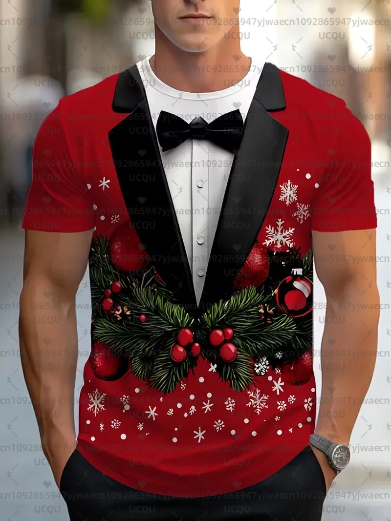 تي شيرت عيد الميلاد المضحك للرجال قميص سهرة أحمر مع نمط رسمي أسود كاجوال وحفلات عيد الميلاد ملابس احتفالية #1