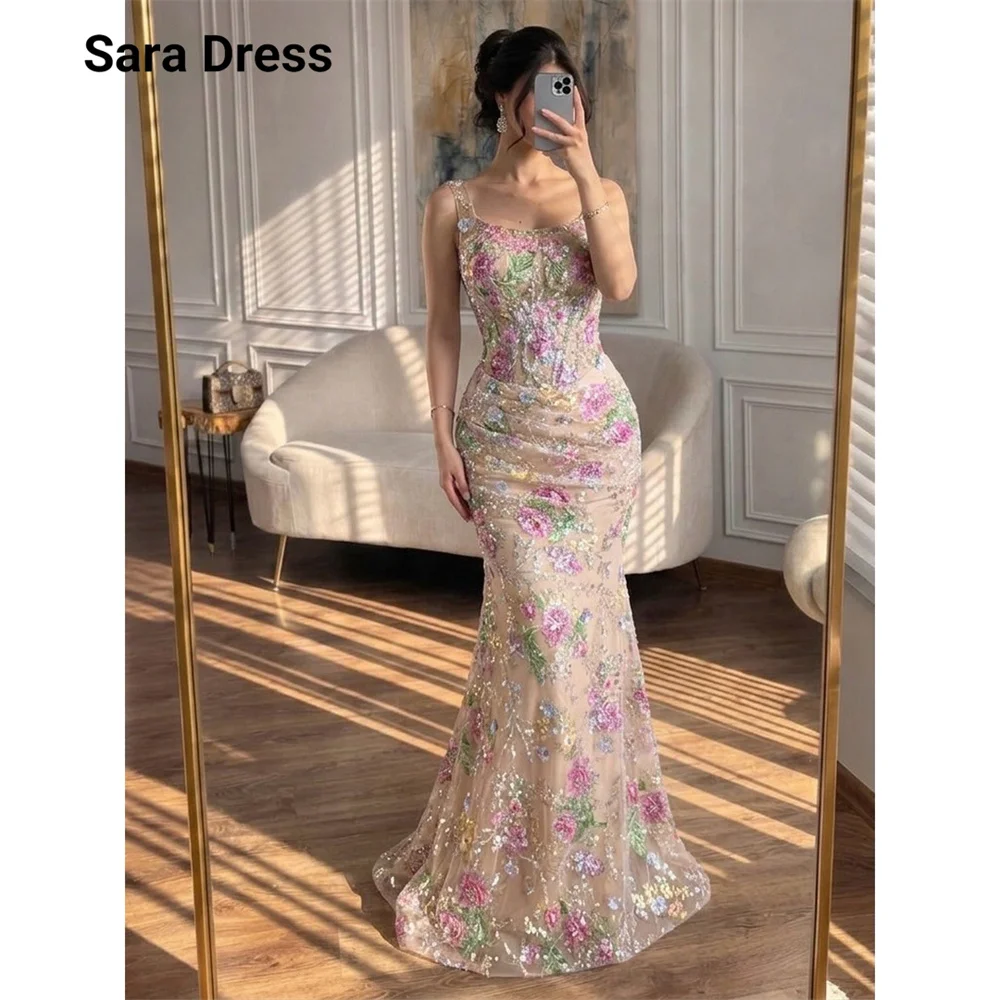 Sara Custom Floral Lace Spaghetti Straps Fishtail Floor Length Elegant Party Dress for Women Luxury Prom Dresses 2026 Evening