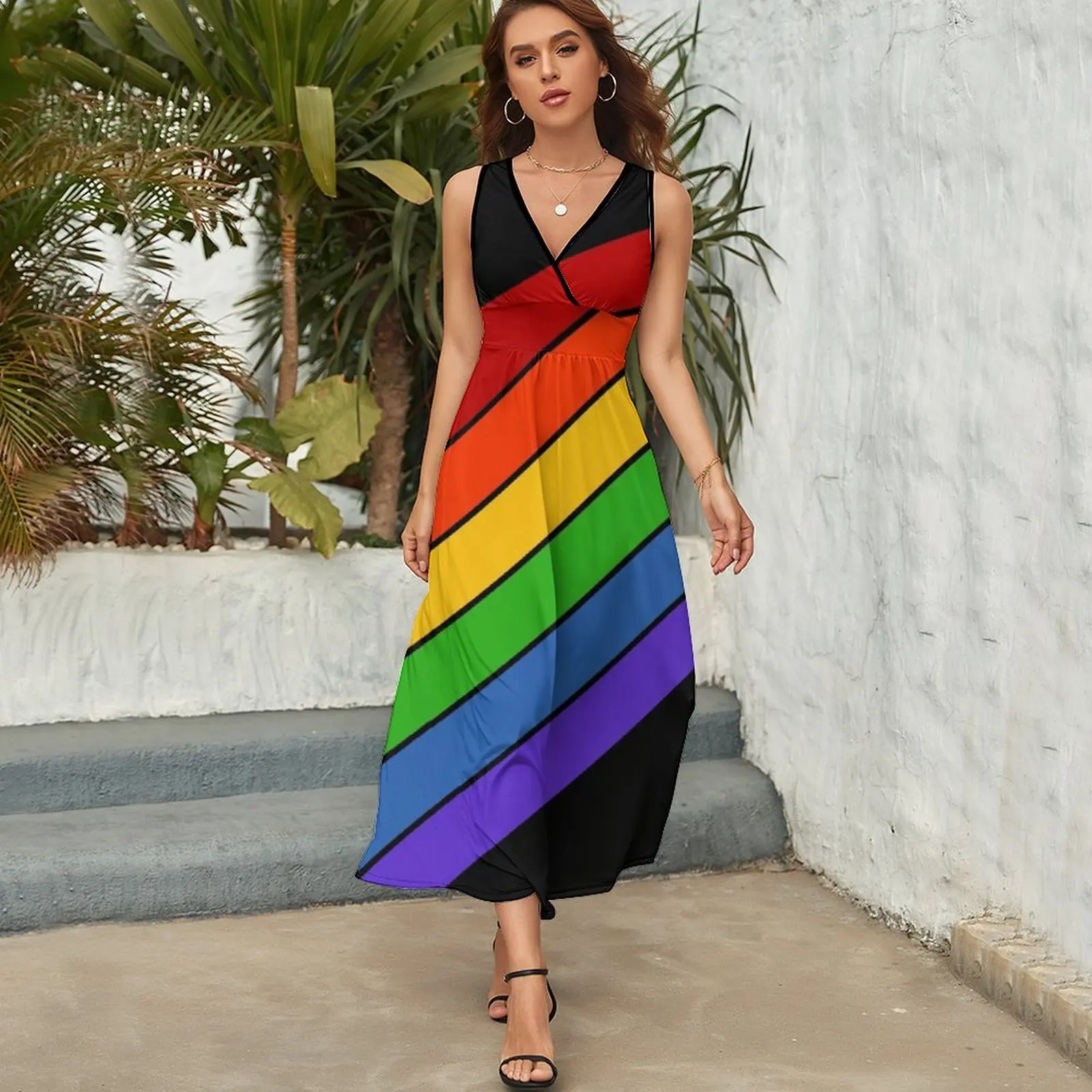 Diagonale Regenbogenst reifen ärmelloses Kleid schick und elegante Frau Kleid Damen bekleidung