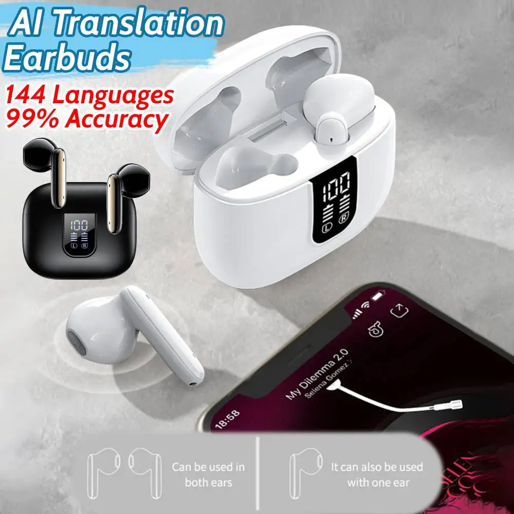 Wireless BT Translation Earbuds Real-time Translation 144 Languages 99% Accuracy FF+FB Hybrid Noise Cancellation Earbuds