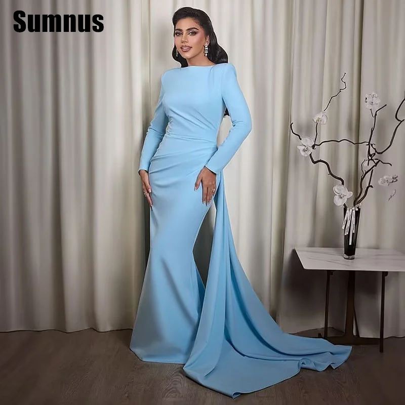 

SUMNUS Formal Blue Satin Evening Gowns Mermaid Long Sleeves Party Dresses O-Neck Floor-Length Prom Dress With Train Customized