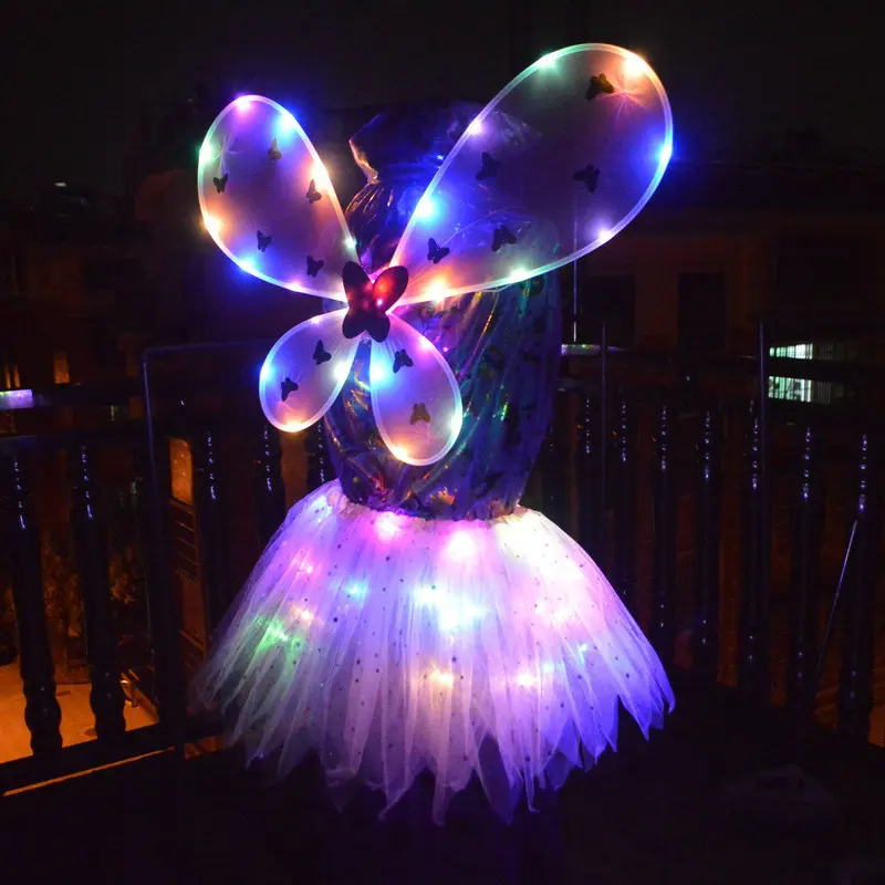 

New Colorful Light-emitting Butterfly Wings Cartoon Wings Children's Angel Wings Elf Light-emitting Skirt 2pcs Kids Party Props