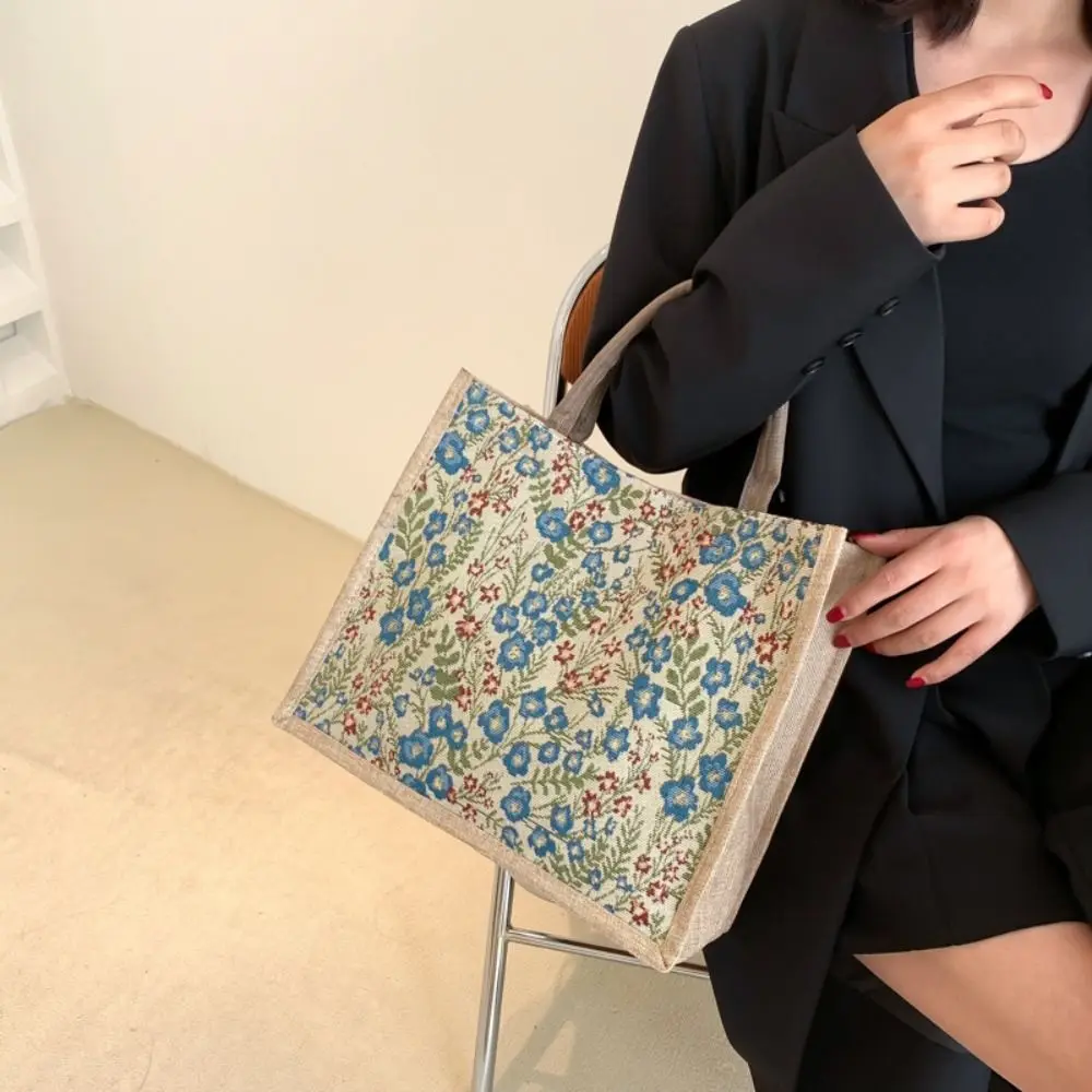 Fashion Flower Pattern Casual Flax Tote Bag Handbag Lunch Pouch Mummy Bag