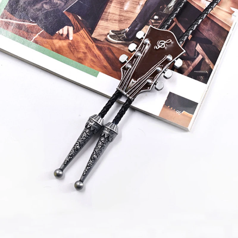 Western Cowboy Country Music Guitar Head Pendant Leather Collar Rope Rodeo Bola Bolo Bow Ties Men Necktie Fashion Jewelry Gift