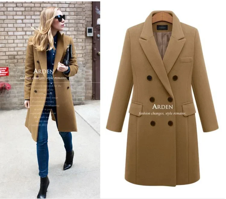 Mid-Length Woolen Women\'s Coat Double-Breasted Woolen Coats Trench Solid Color Autumn Winter Warm Outwear