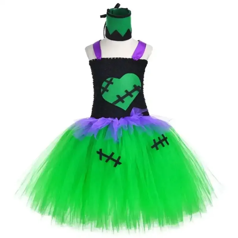 Green tulle dress in children's cartoon style, spooky Halloween party dress, costume dress for festival  and role-playing