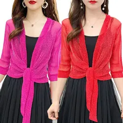 Glitter Tie Up Open Front Shrug Ladies Shawl Cropped Beach Summer Sun Protection Clothing Air-Conditioning Shirt