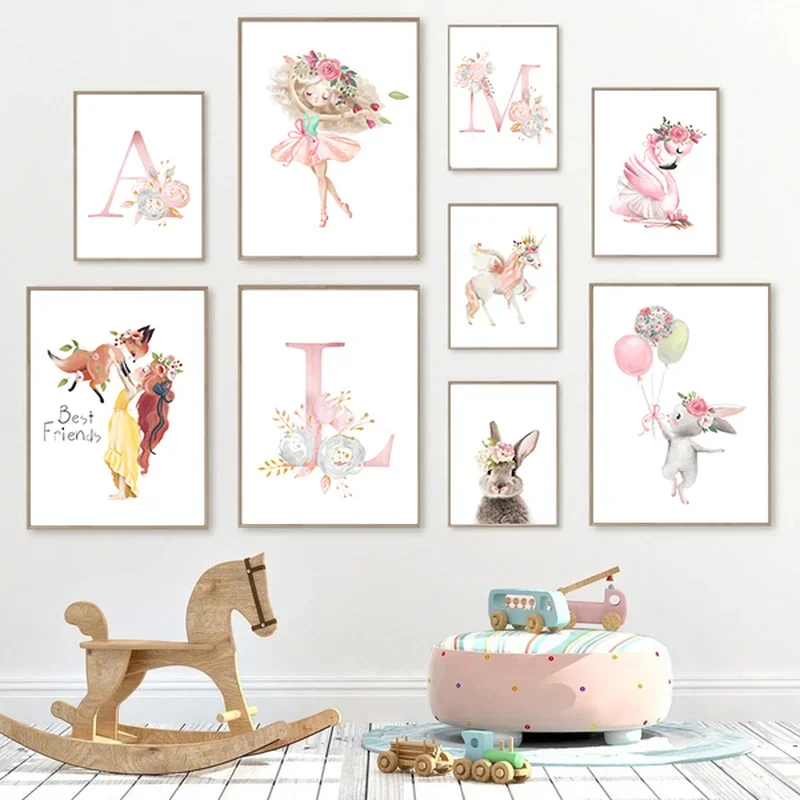 Modern Watercolor Pink Girl Rabbit Swan Nursery Wall Art Prints Canvas Painting Kids Bedroom Name Initial Letter Poster Pictures