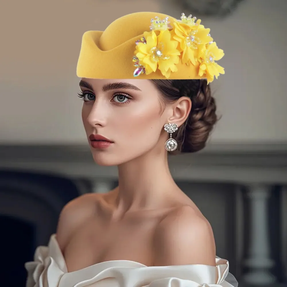 Fashion With Flower Felt Turban Hat Casual Vintage Church Derby Fascinator Hat Soft Tea Party Cap for Women