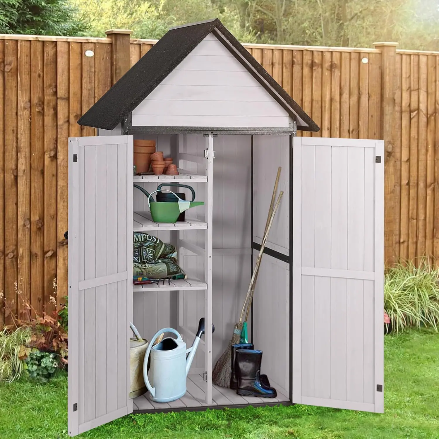 

Outdoor Storage Shed,Vertical Wooden Tool Shed with Waterproof Roof,Adjustable 3 Tiers Shelves,Storage Tool Cabinet Box with Met
