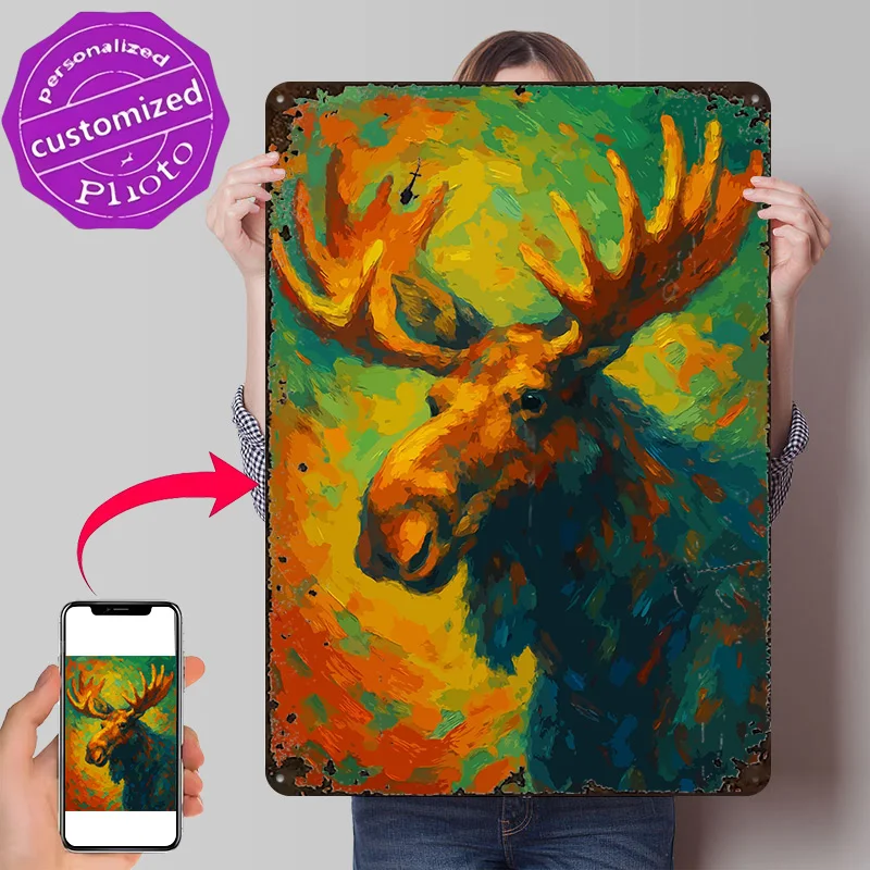 Moose Painting With Vibrant Colors Art Personalized 3D Textured Metal Poster Wall Art Tinplate Sign for Living Room Decoration