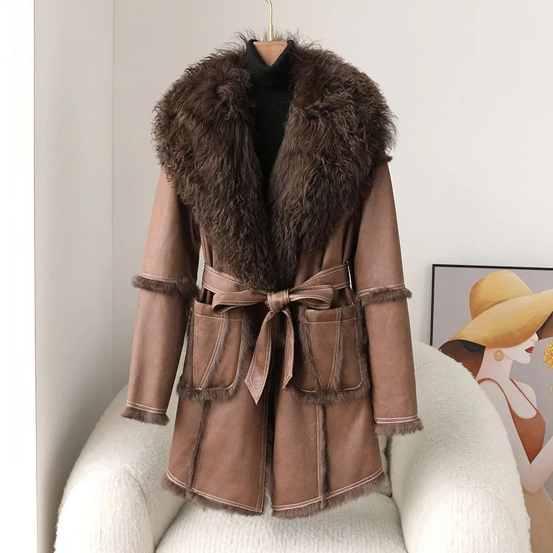 JT459 Whole Skin Rabbit Fur Warm Coat Female Sheep Curly Hair Collar Winter Young Mid-length Jacket