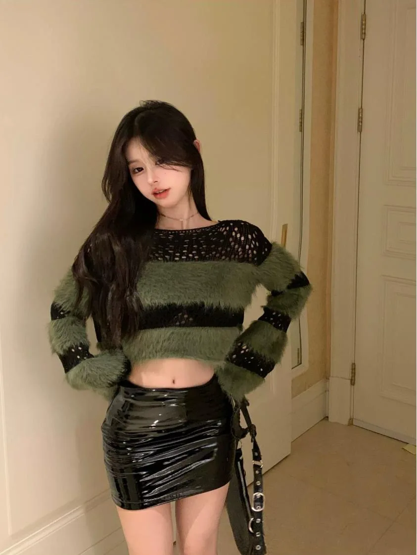 Y2k Clothing Pullovers for Women Sueter Mujer Slash Neck Furry Hollow Out Sexy Jumper Casual Fashion Striped Knitted Sweater