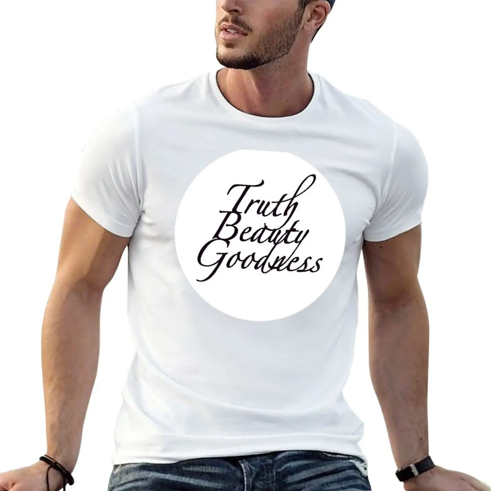 Truth Beauty Goodness Black on White Circle T-Shirt Simple Print Design T-Shirt